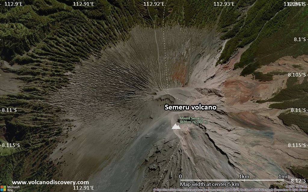Satellite/aerial-type map of Semeru volcano (scale of few kilometers)