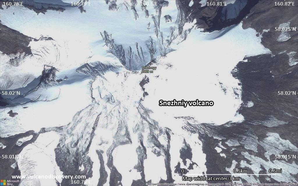 Satellite/aerial-type map of Snezhniy volcano (scale of few kilometers)