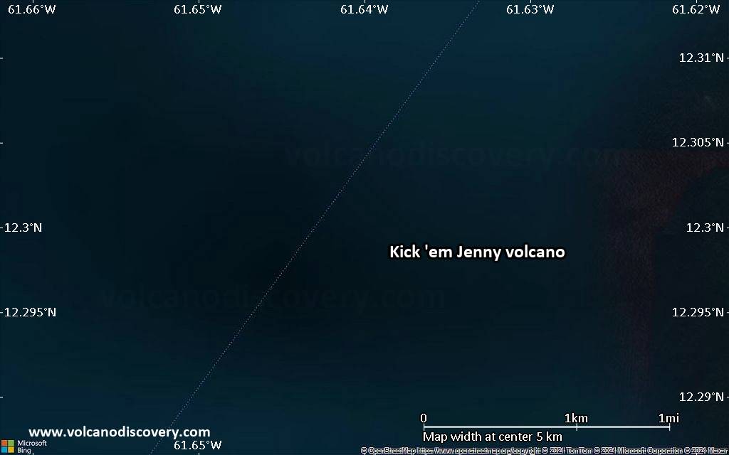 Satellite/aerial-type map of Kick 'em Jenny volcano (scale of few kilometers)