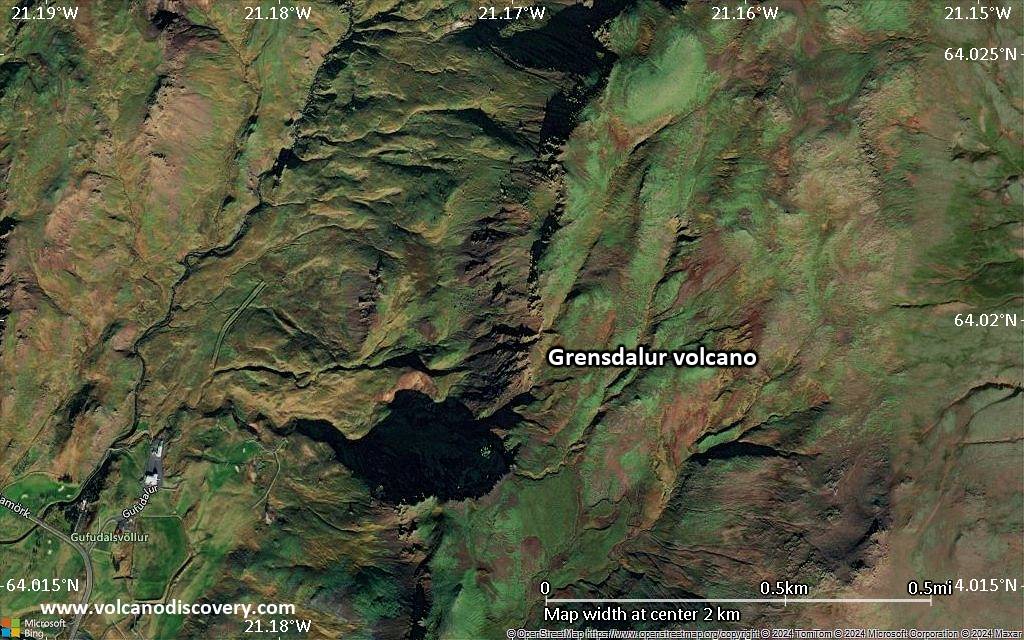 Satellite/aerial-type map of Grensdalur volcano (scale of few kilometers)
