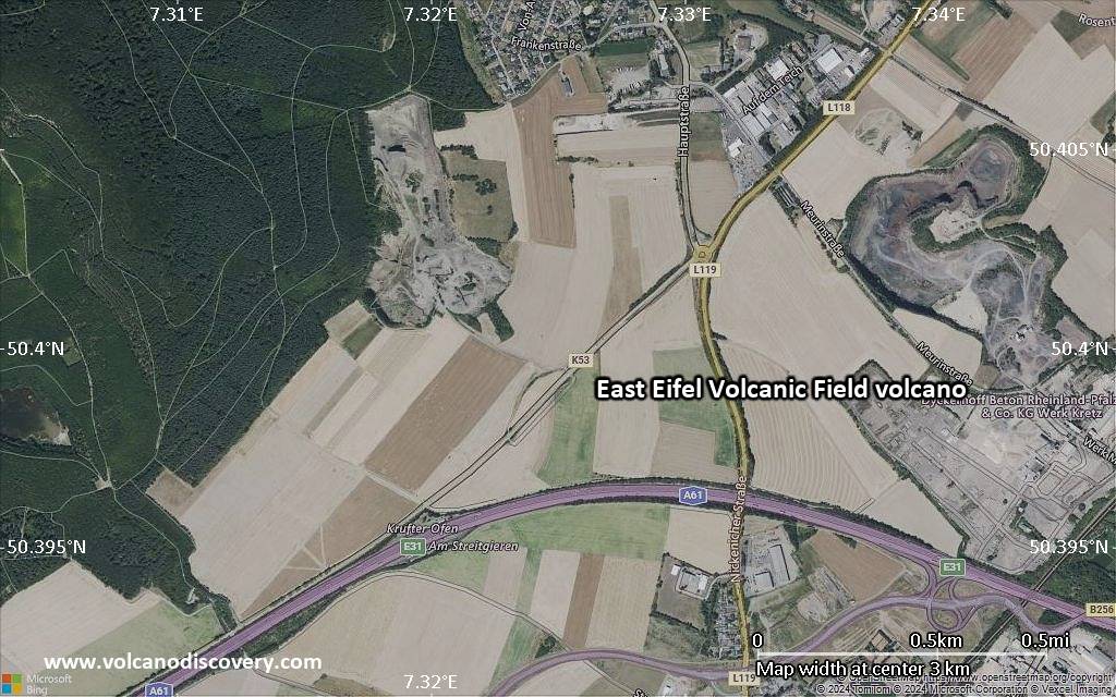 Satellite/aerial-type map of East Eifel Volcanic Field volcano (scale of few kilometers)