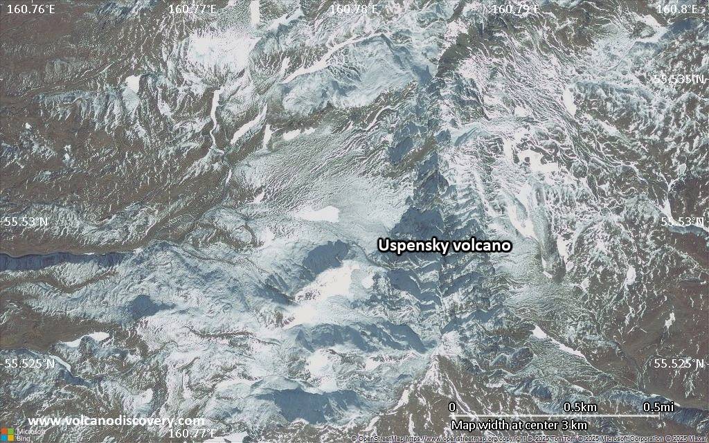 Satellite/aerial-type map of Uspensky volcano (scale of few kilometers)
