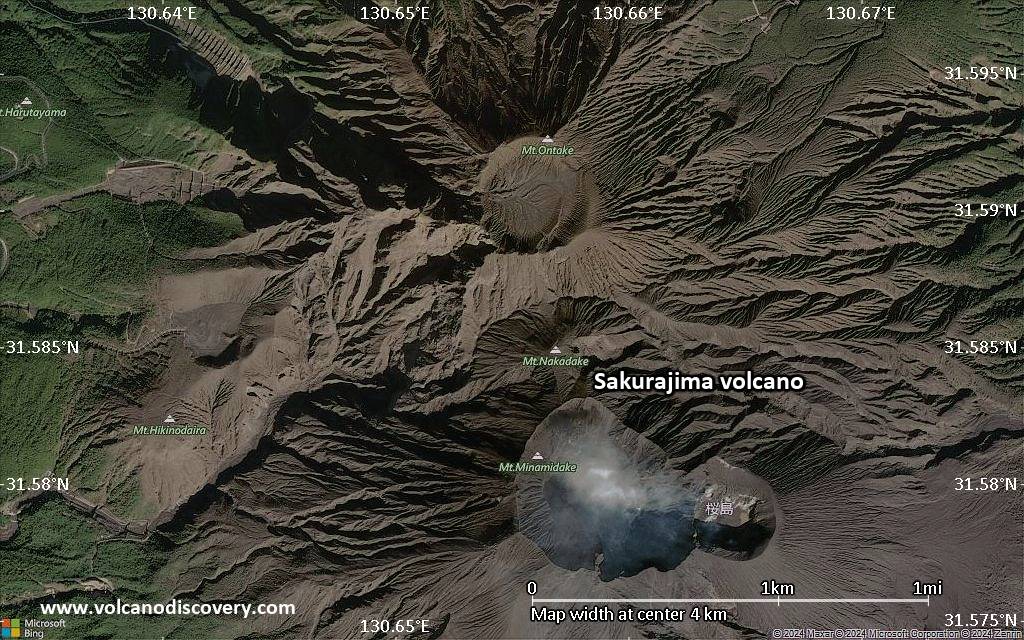 Satellite/aerial-type map of Sakurajima volcano (scale of few kilometers)