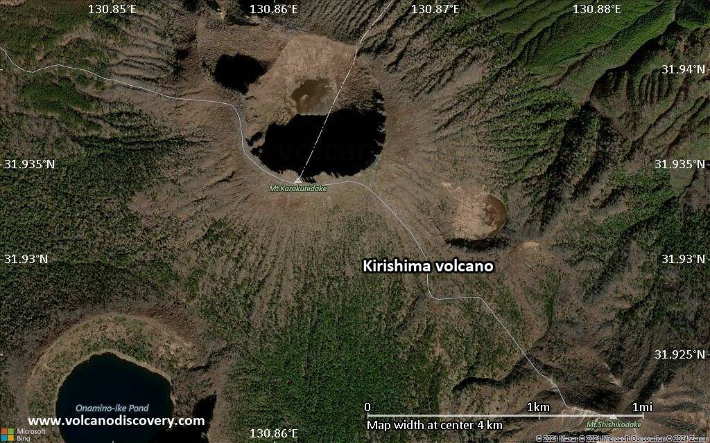 Satellite/aerial-type map of Kirishima volcano (scale of few kilometers)