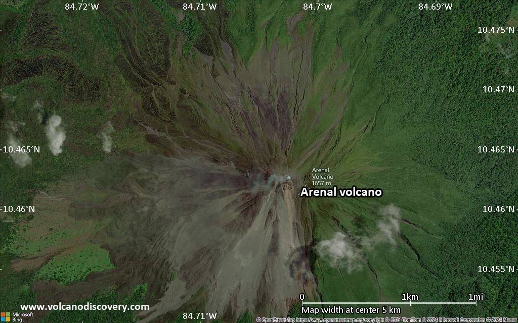 Satellite/aerial-type map of Arenal volcano (scale of few kilometers)