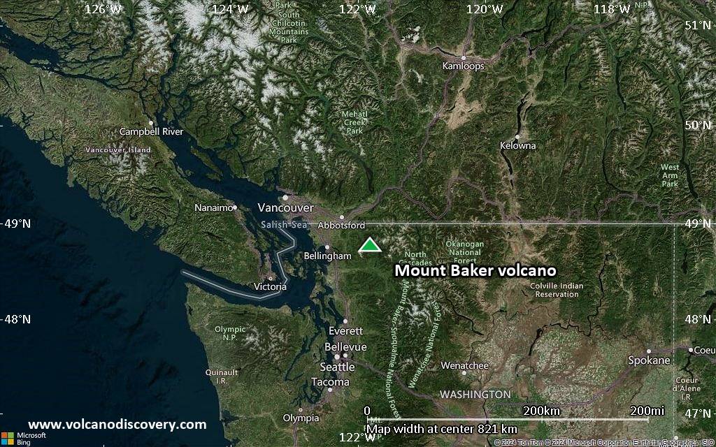 Satellite/aerial-type map of Mount Baker volcano (region scale small)