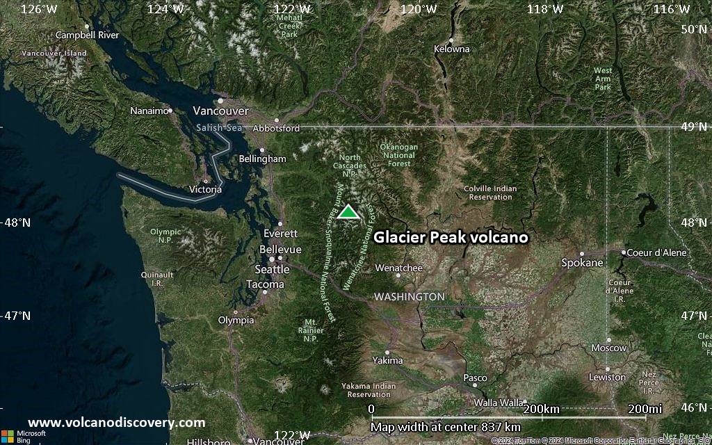 Satellite/aerial-type map of Glacier Peak volcano (region scale small)