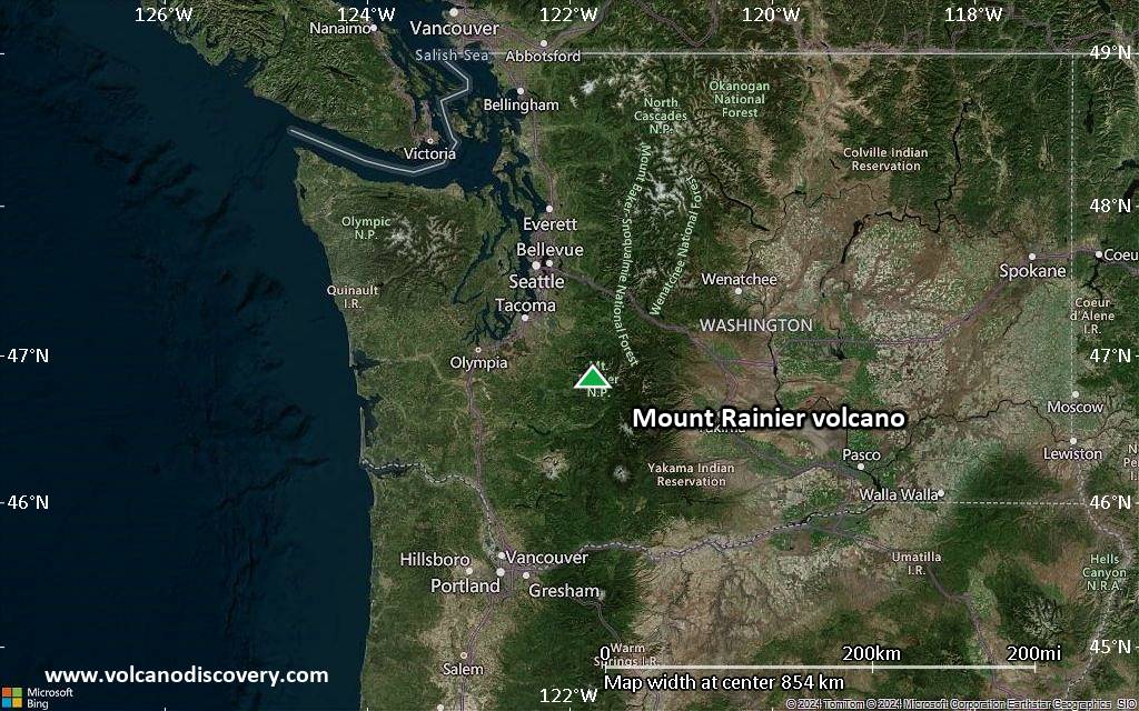 Satellite/aerial-type map of Mount Rainier volcano (region scale small)