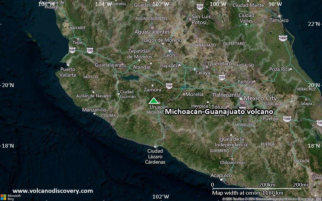 Satellite/aerial-type map of Michoacán-Guanajuato volcano (region scale small)