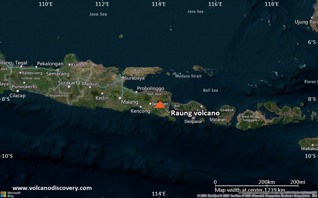 Satellite/aerial-type map of Raung volcano (region scale small)