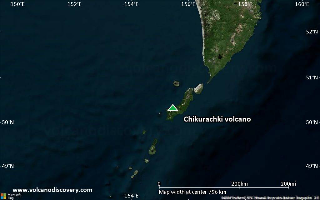 Satellite/aerial-type map of Chikurachki volcano (region scale small)