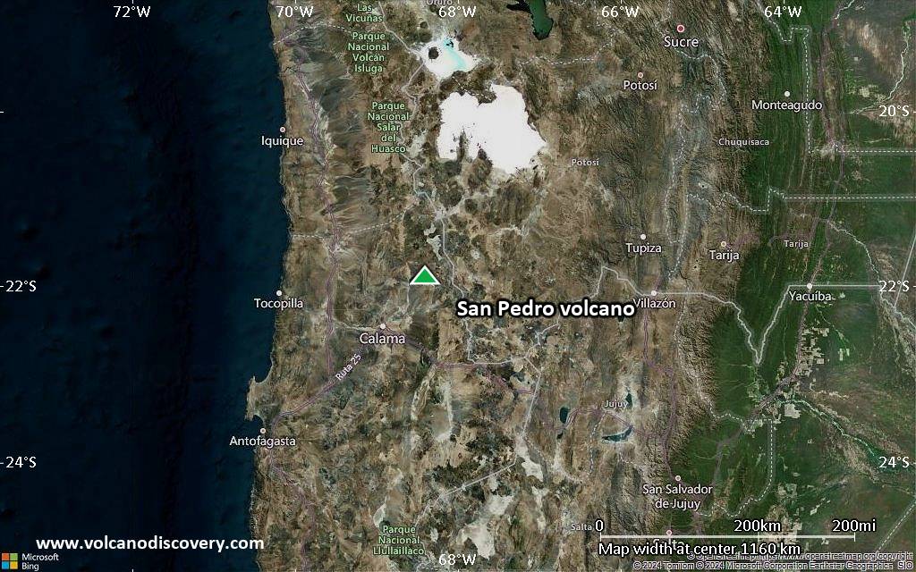 Satellite/aerial-type map of San Pedro volcano (region scale small)