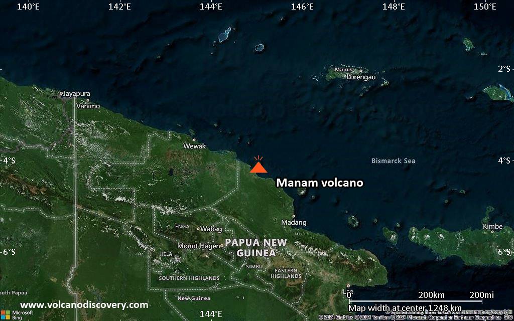 Satellite/aerial-type map of Manam volcano (region scale small)