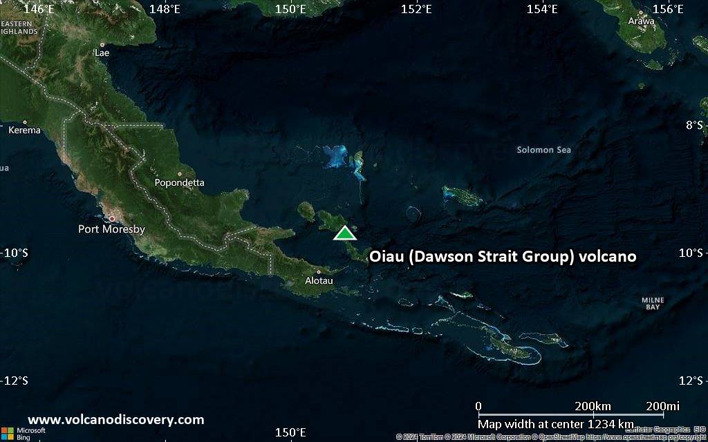 Satellite/aerial-type map of Oiau (Dawson Strait Group) volcano (region scale small)