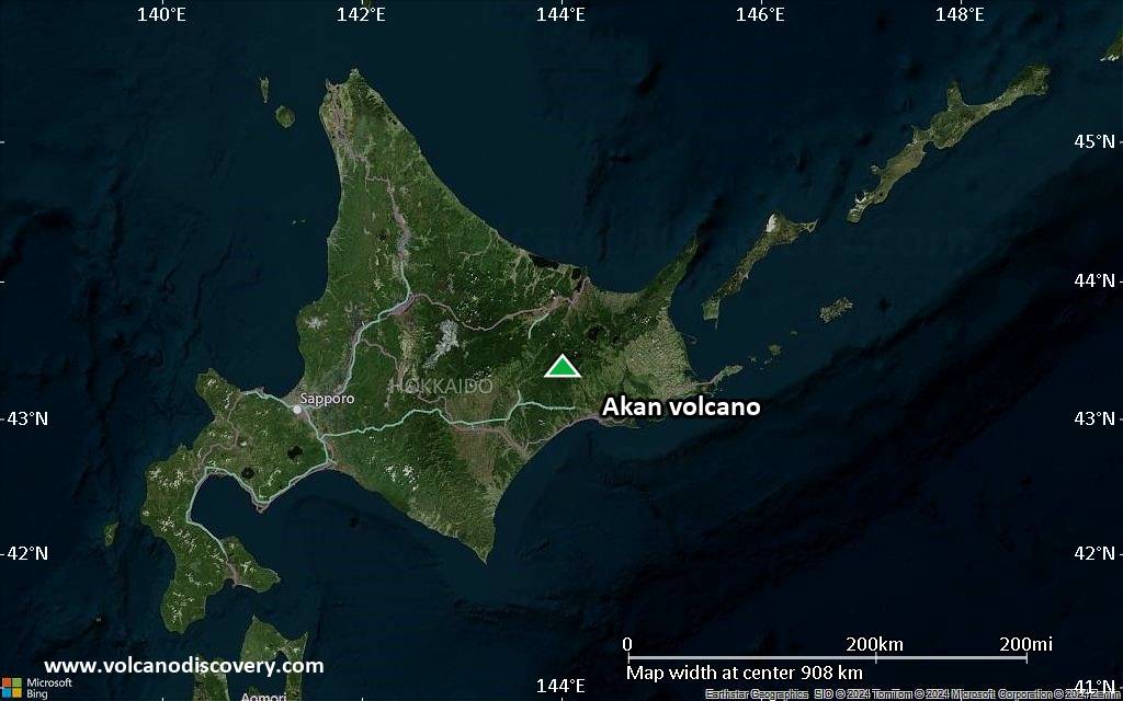 Satellite/aerial-type map of Akan volcano (region scale small)