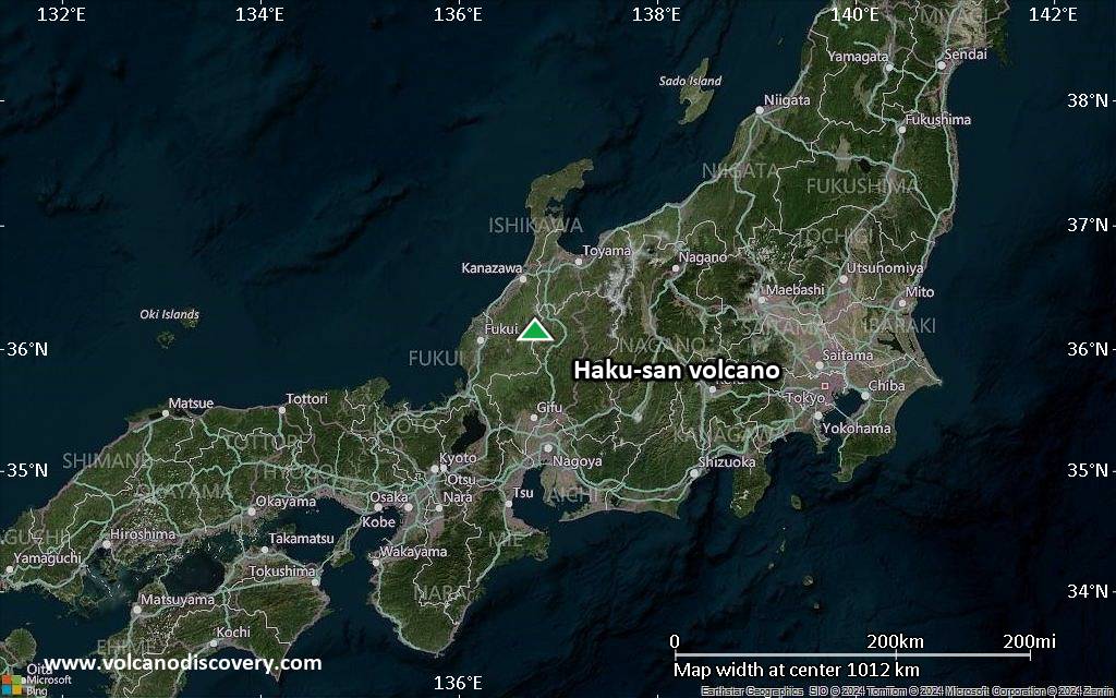 Satellite/aerial-type map of Haku-san volcano (region scale small)