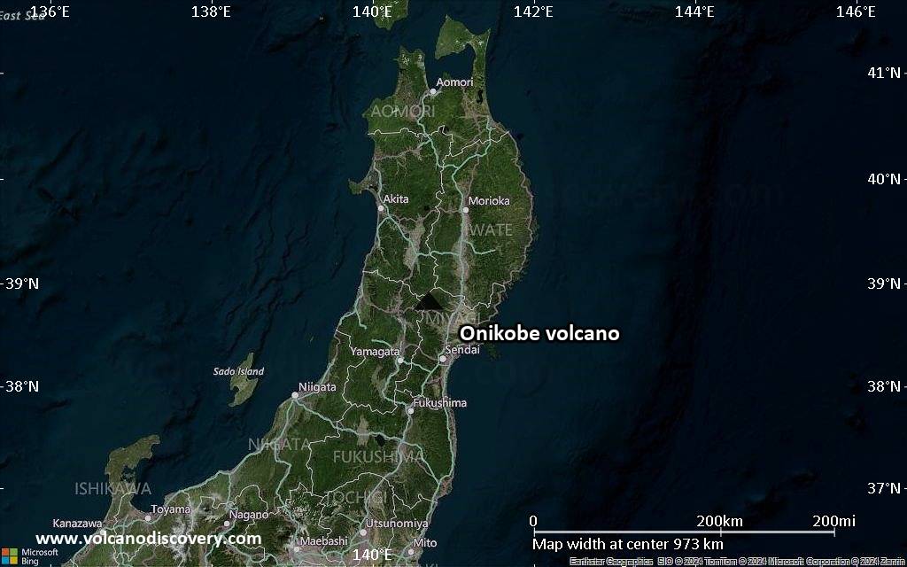 Satellite/aerial-type map of Onikobe volcano (region scale small)