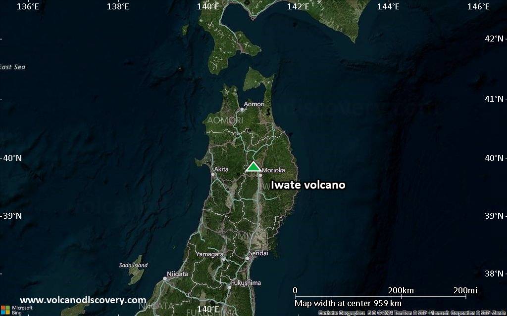 Satellite/aerial-type map of Iwate volcano (region scale small)