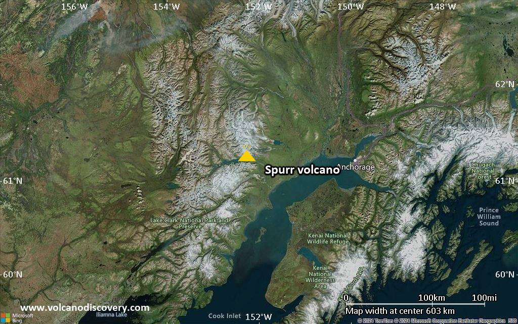 Satellite/aerial-type map of Spurr volcano (region scale small)