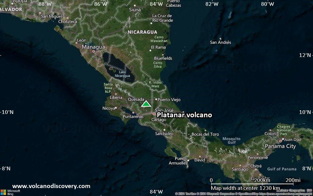 Satellite/aerial-type map of Platanar volcano (region scale small)