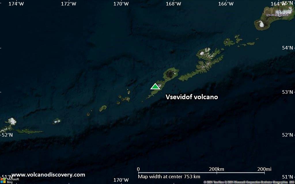 Satellite/aerial-type map of Vsevidof volcano (region scale small)