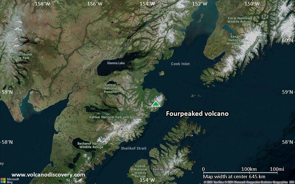 Satellite/aerial-type map of Fourpeaked volcano (region scale small)