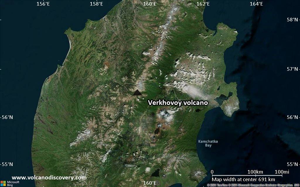 Satellite/aerial-type map of Verkhovoy volcano (region scale small)
