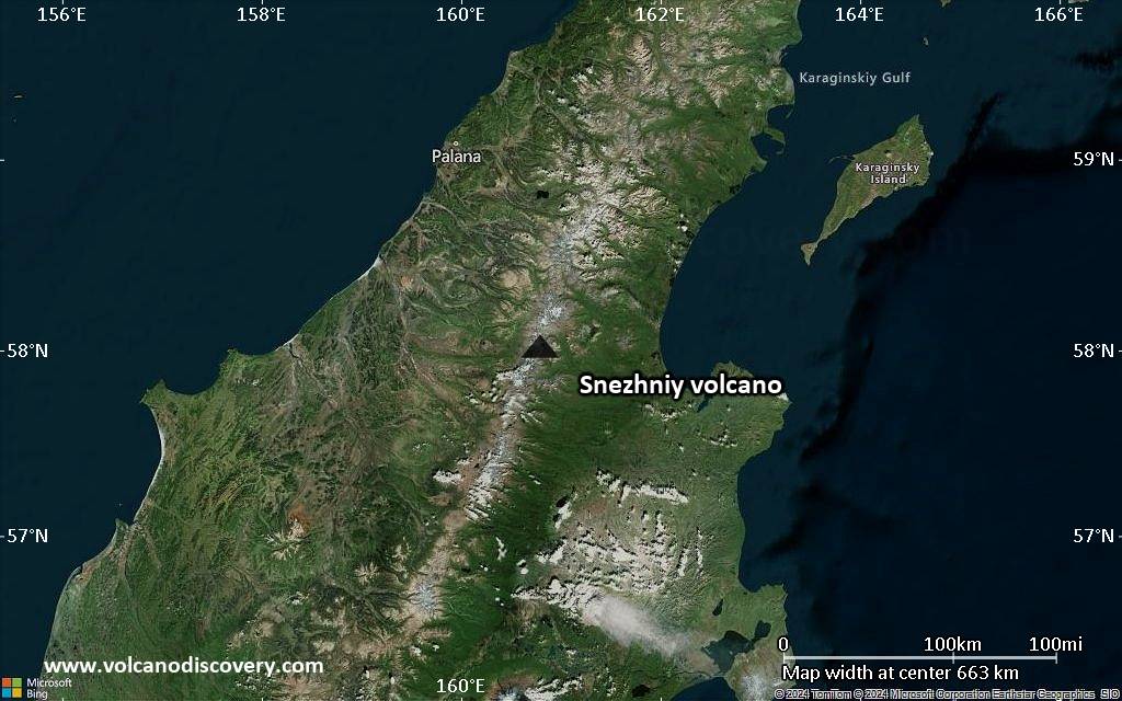 Satellite/aerial-type map of Snezhniy volcano (region scale small)