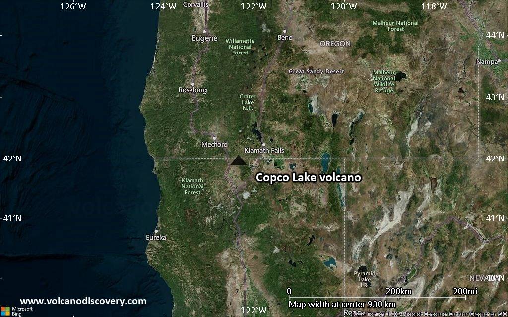 Satellite/aerial-type map of Copco Lake volcano (region scale small)
