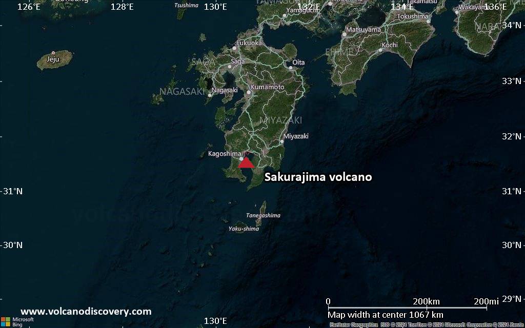 Satellite/aerial-type map of Sakurajima volcano (region scale small)