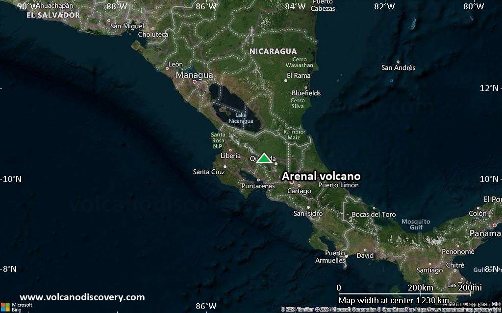 Satellite/aerial-type map of Arenal volcano (region scale small)