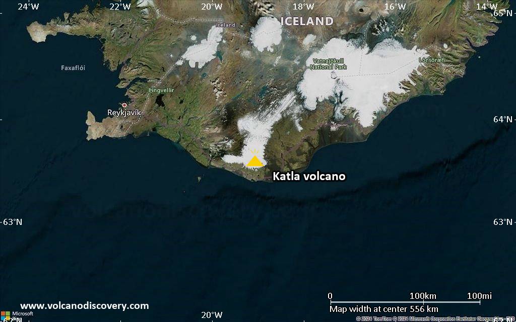 Satellite/aerial-type map of Katla volcano (region scale small)