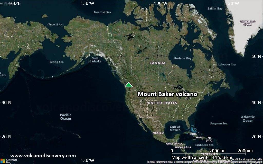 Satellite/aerial-type map of Mount Baker volcano (world scale)