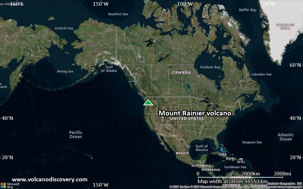 Satellite/aerial-type map of Mount Rainier volcano (world scale)