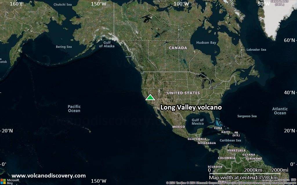 Satellite/aerial-type map of Long Valley volcano (world scale)