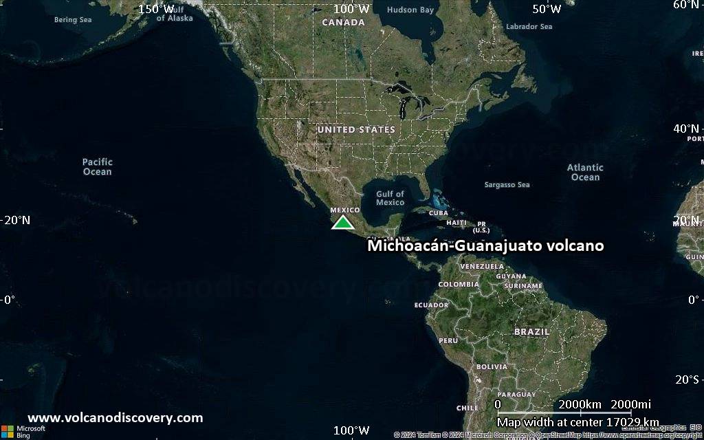 Satellite/aerial-type map of Michoacán-Guanajuato volcano (world scale)
