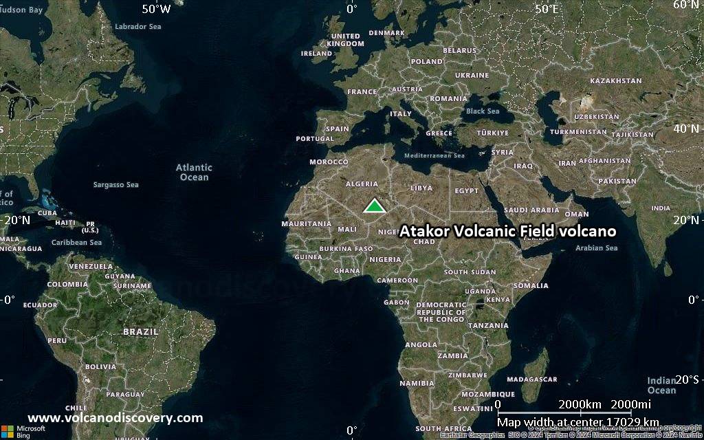 Satellite/aerial-type map of Atakor Volcanic Field volcano (world scale)