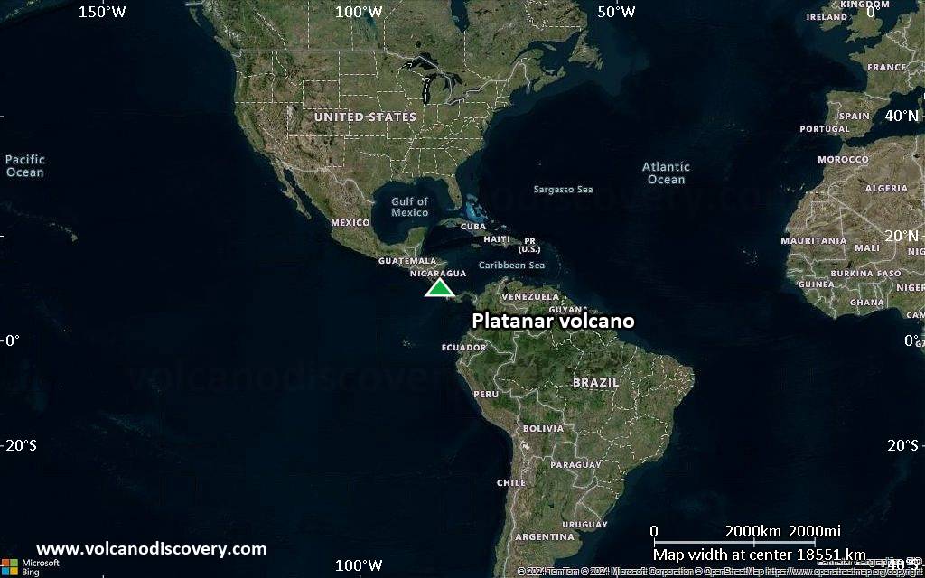 Satellite/aerial-type map of Platanar volcano (world scale)
