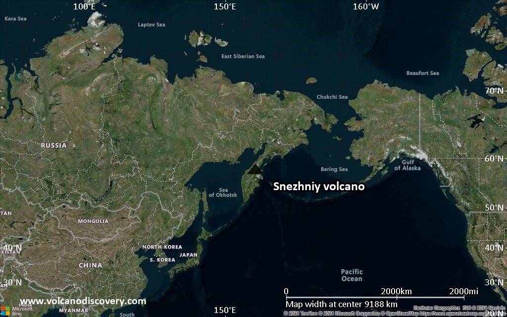 Satellite/aerial-type map of Snezhniy volcano (world scale)