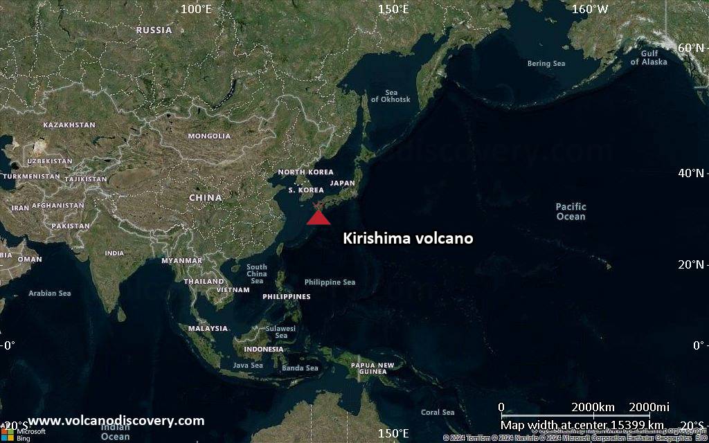 Satellite/aerial-type map of Kirishima volcano (world scale)