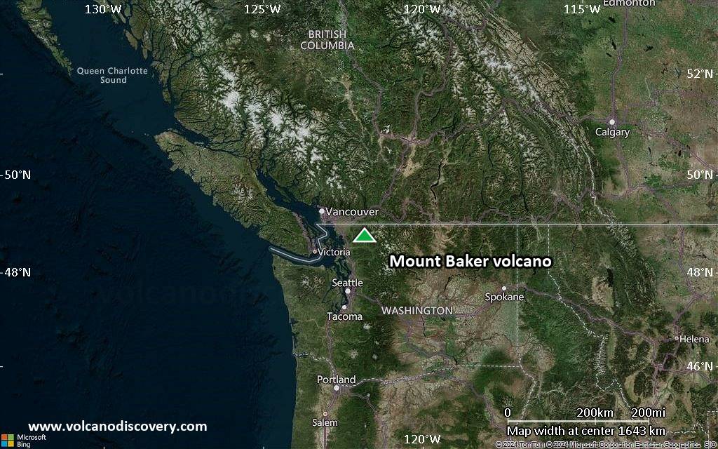 Satellite/aerial-type map of Mount Baker volcano (region scale medium)
