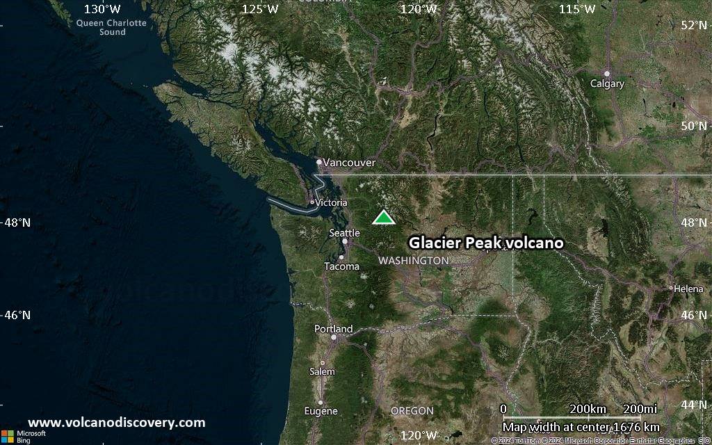 Satellite/aerial-type map of Glacier Peak volcano (region scale medium)