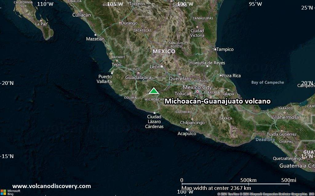 Satellite/aerial-type map of Michoacán-Guanajuato volcano (region scale medium)