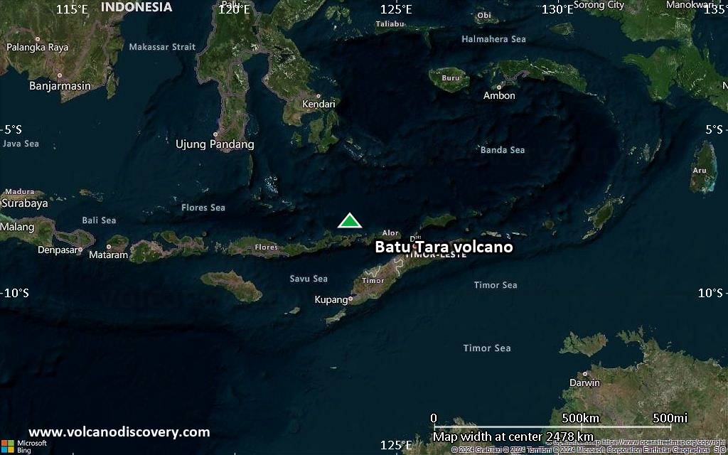 Satellite/aerial-type map of Batu Tara volcano (region scale medium)