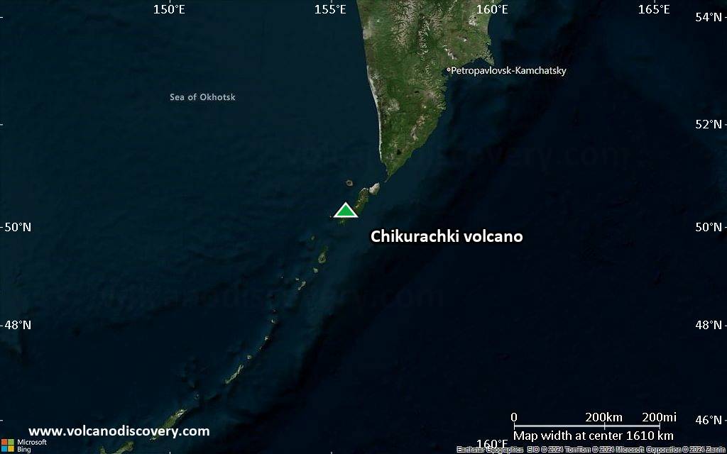 Satellite/aerial-type map of Chikurachki volcano (region scale medium)