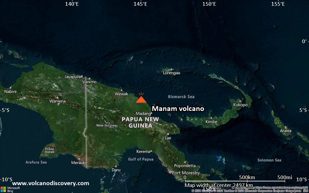 Satellite/aerial-type map of Manam volcano (region scale medium)