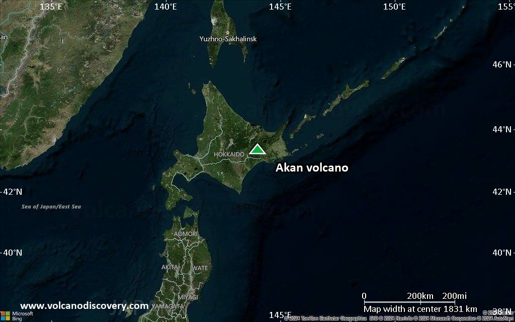 Satellite/aerial-type map of Akan volcano (region scale medium)