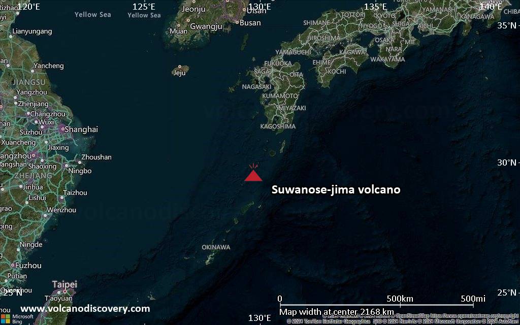 Satellite/aerial-type map of Suwanose-jima volcano (region scale medium)