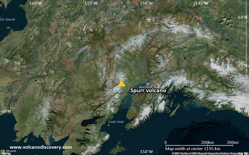 Satellite/aerial-type map of Spurr volcano (region scale medium)