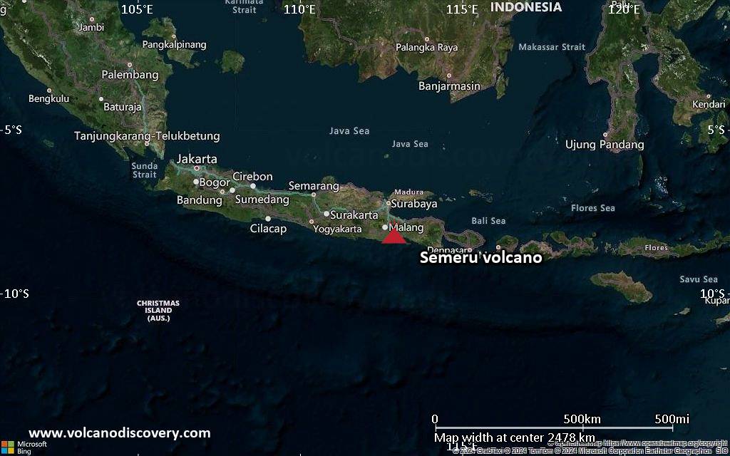Satellite/aerial-type map of Semeru volcano (region scale medium)